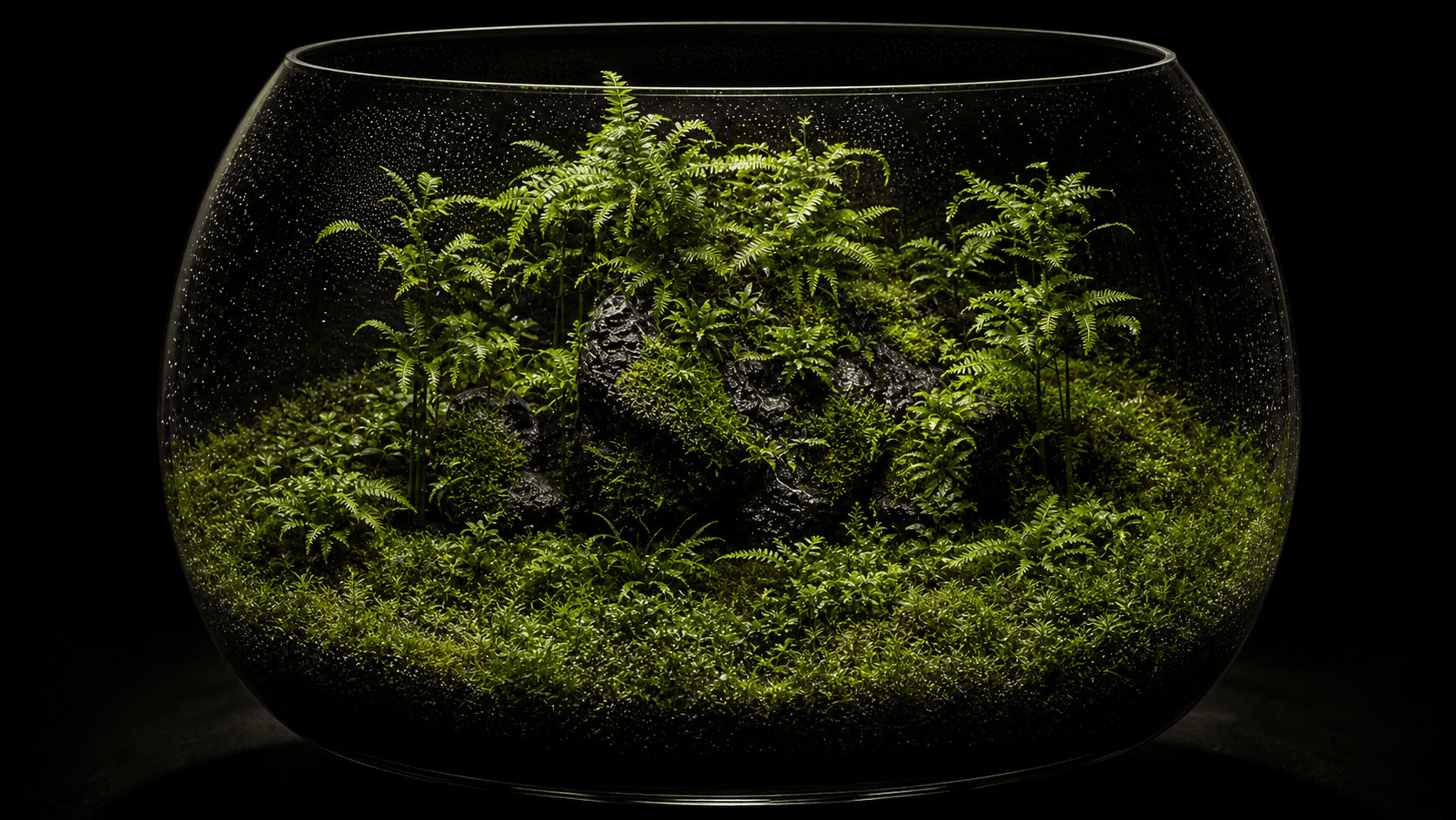 深い緑の苔と植物で構成された大型苔テラリウム